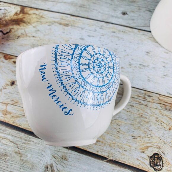 Mary & Martha 2016 NEW MERCIES White Blue Floral Design Cups and Saucers Set 2 - Picture 9 of 11